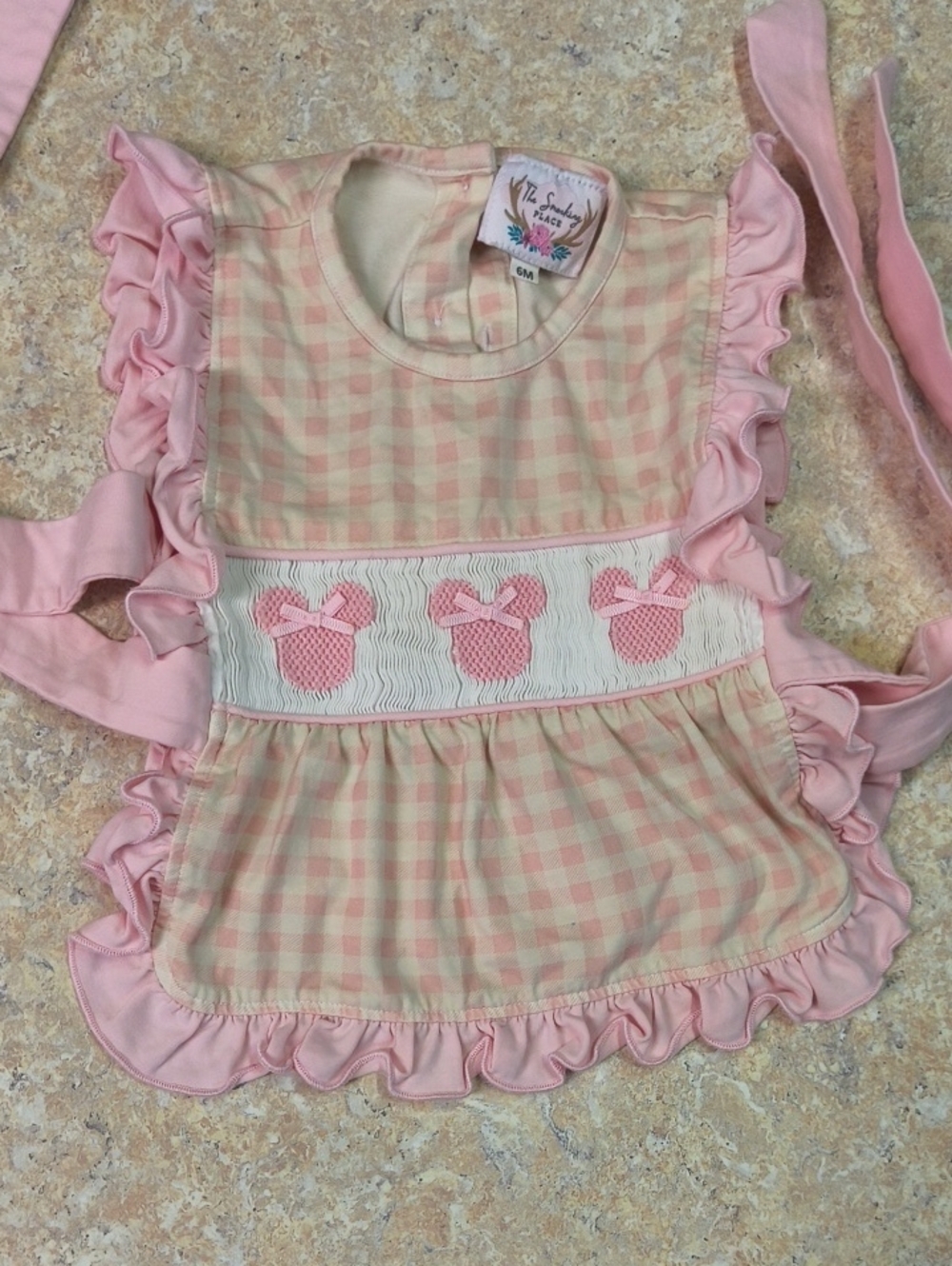 Pink Gingham Ruffle Apron Top/Bib Sz 6mn EUC.